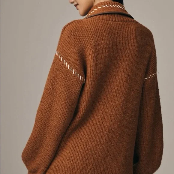 Maeve Anthropologie faux leather Brown Sweater with White Stitching - Picture 3 of 4